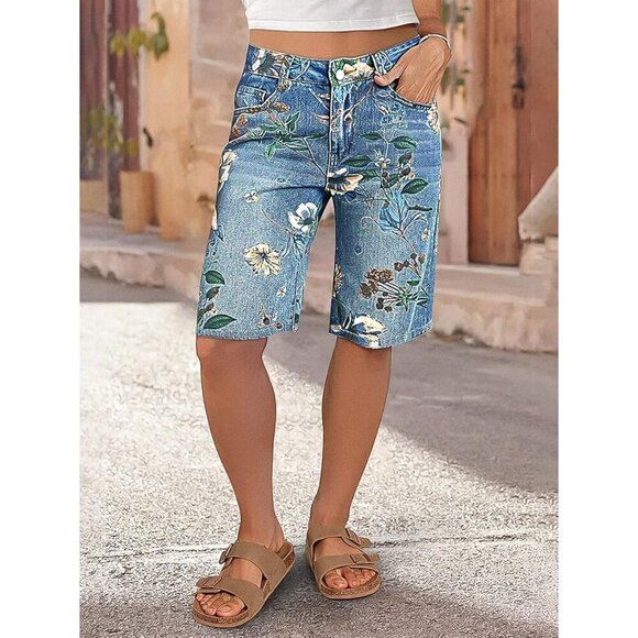 Women's High Waisted Floral Bermuda Shorts Denim Summer Casual Fit - Picture 2 of 5